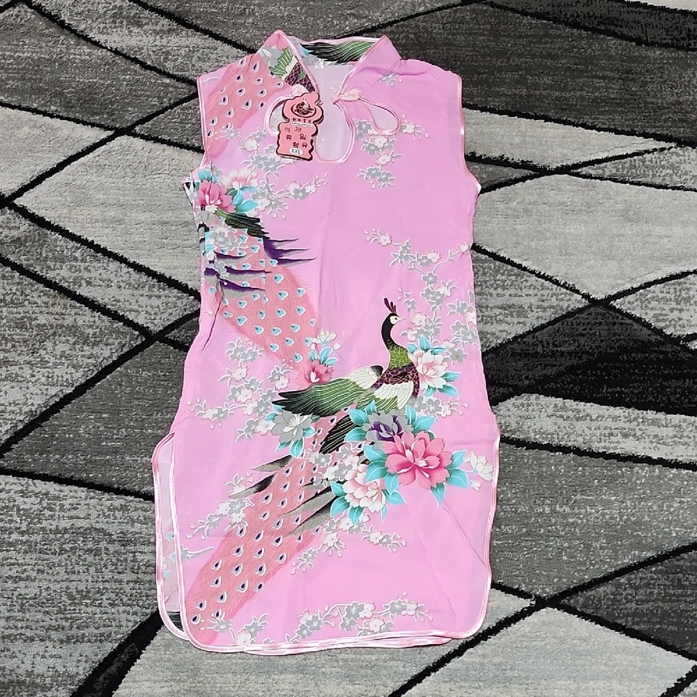 CHINESE GIRLS PINK FLORAL PEACOCK SLEEVELESS CHEONGSAM QIPAO DRESS